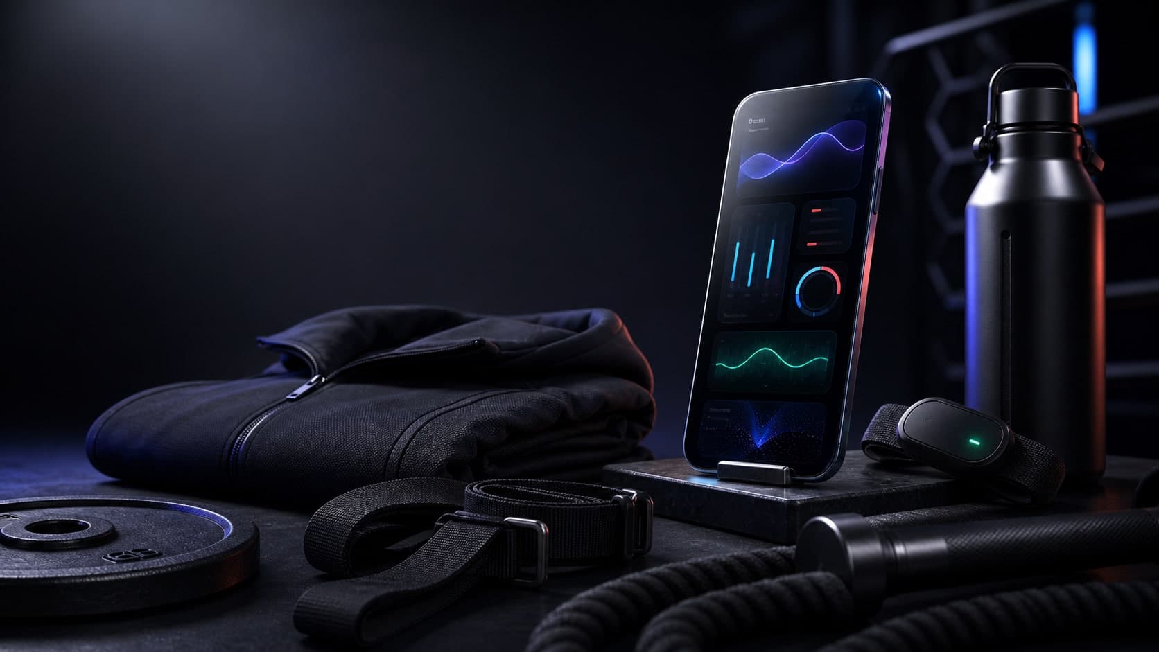 Cinematic dark Draxstar product command lab with app screens, technical training gear, recovery tools, and premium performance equipment.