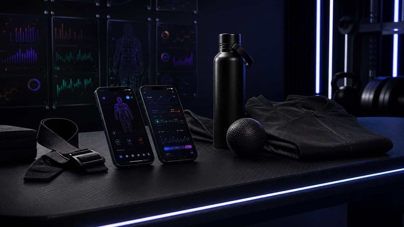 Dark connected performance lab with Draxstar-style mobile screens, analytics panels, recovery gear, and technical apparel.
