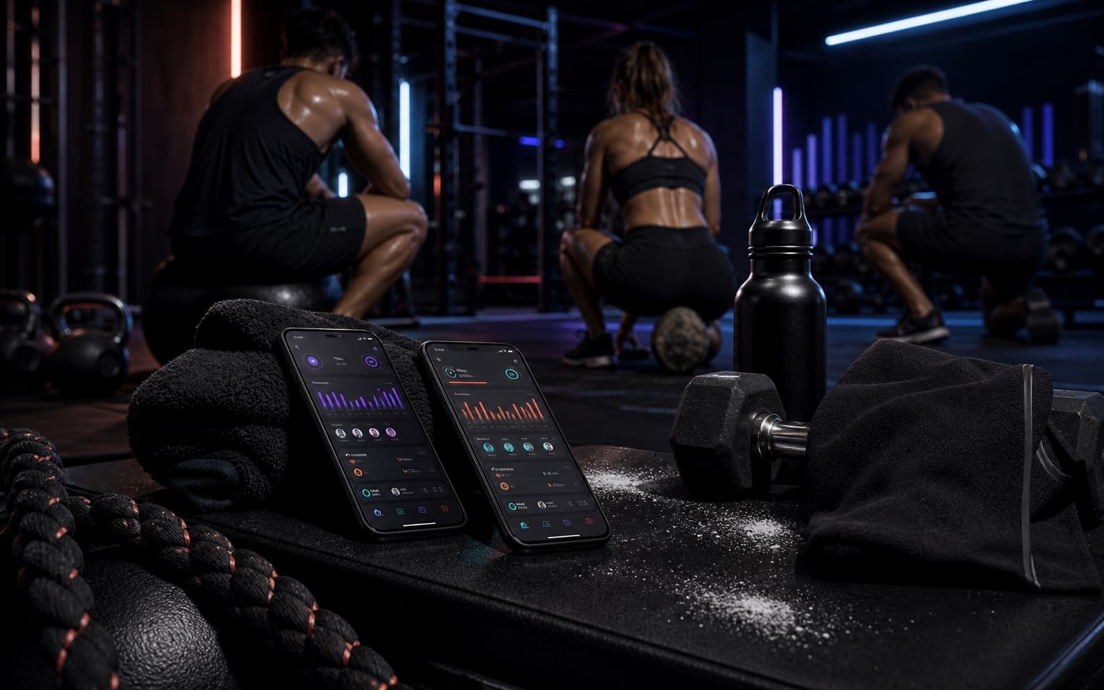 Dark Draxstar squad training studio with demo-safe athletes, gear, and abstract community activity phones.